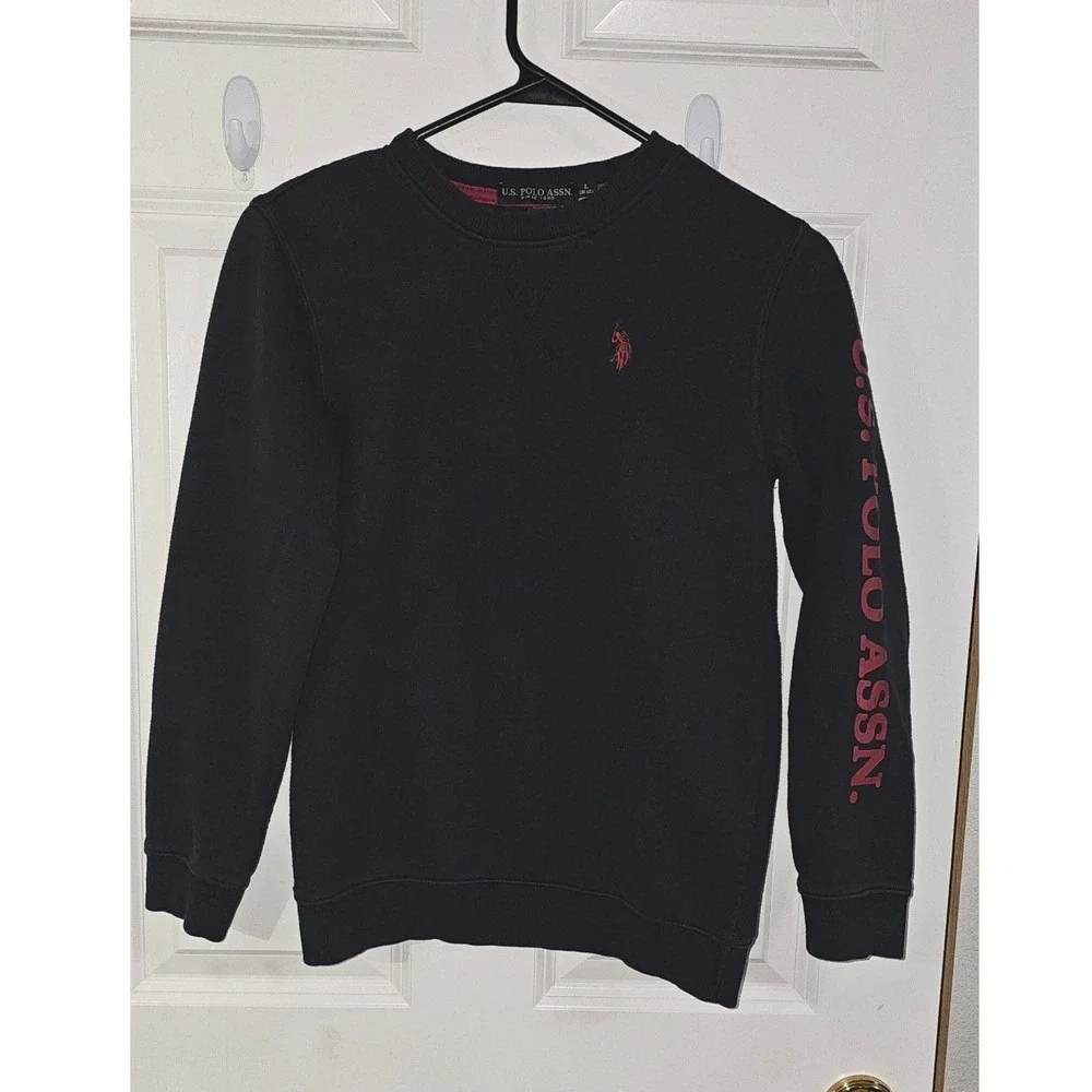 US Polo Assn Mens Sweatshirt Black Red Logo Graphic Sleeve Pullover Large 10-12
